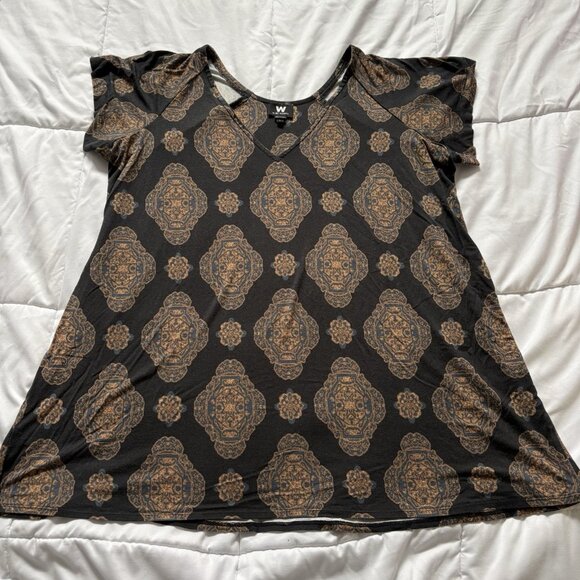 W by WORTH Womens Size Large Blouse Short Sleeve V Neck Flowy Brown Office - Picture 1 of 8